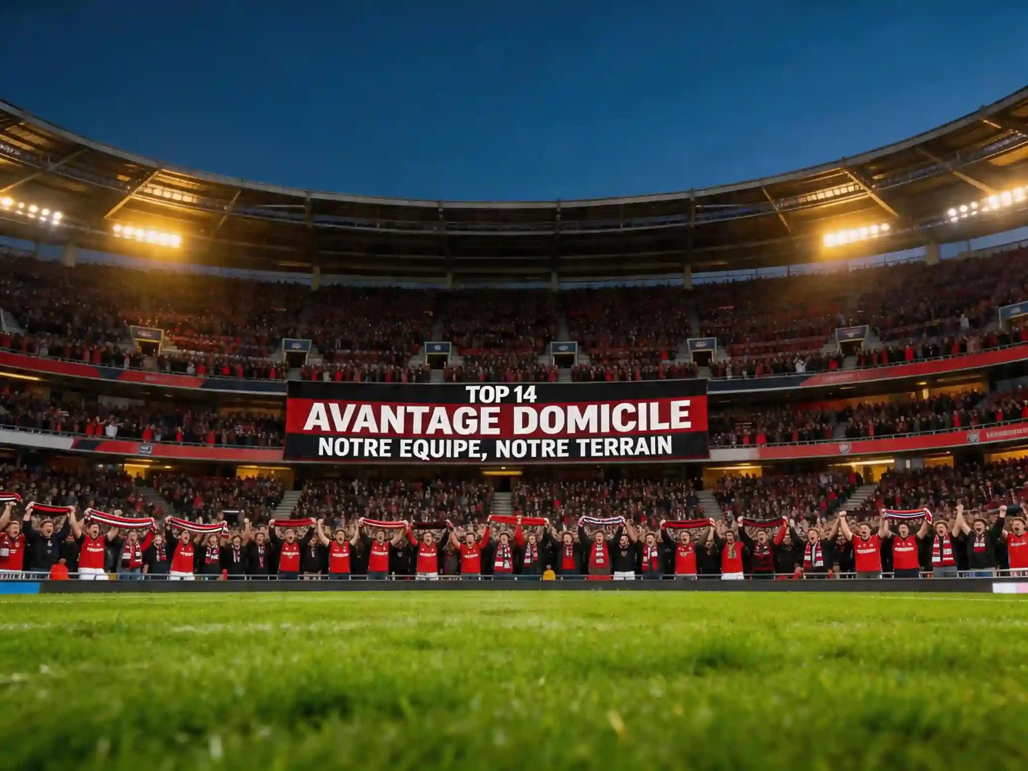 Supporters de rugby dans un stade du Top 14 plein, ambiance domicile lors d'un match de championnat