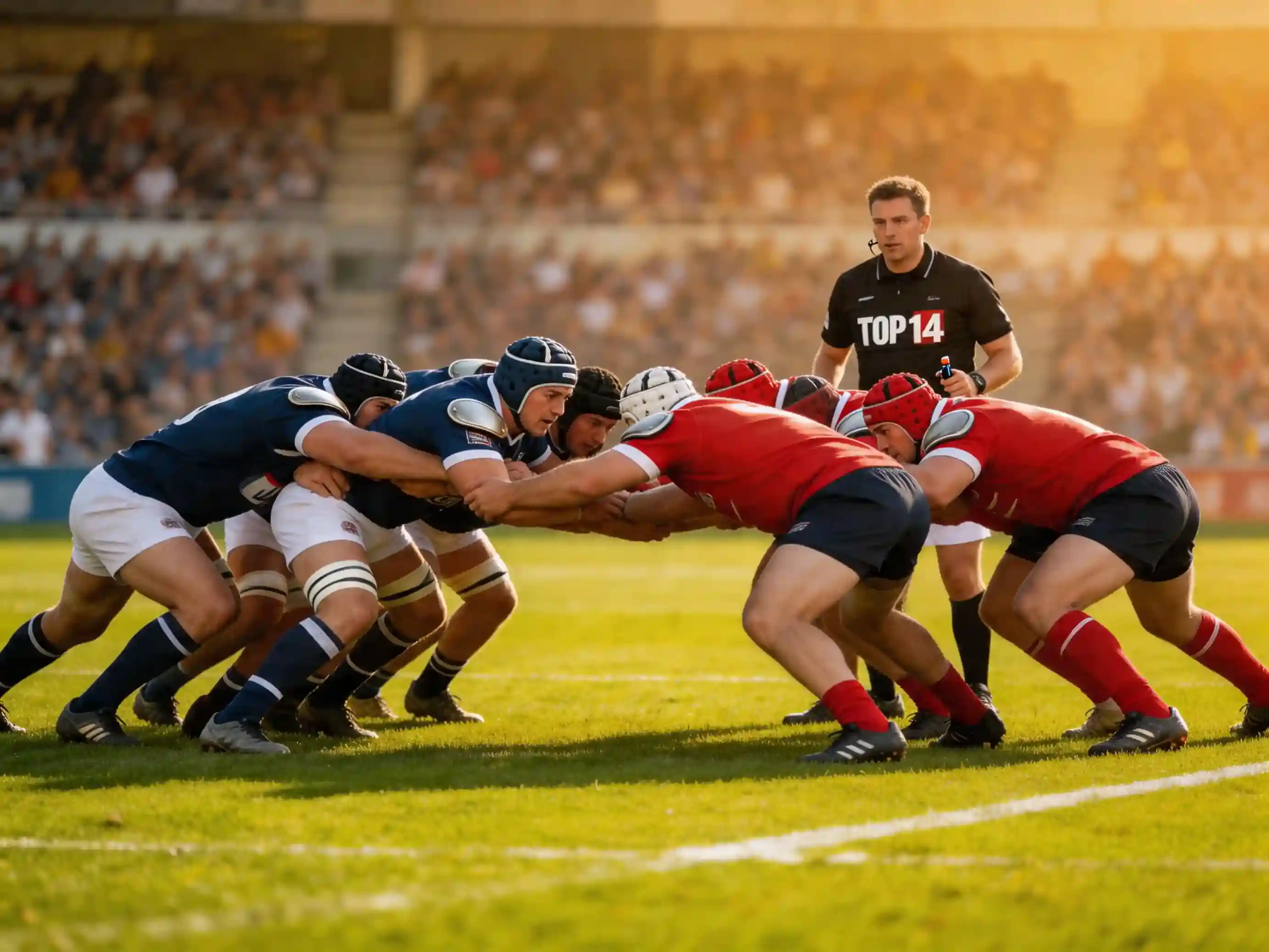 Match de rugby Top 14 en cours, joueurs en mêlée fermée sur terrain naturel, public en arrière-plan