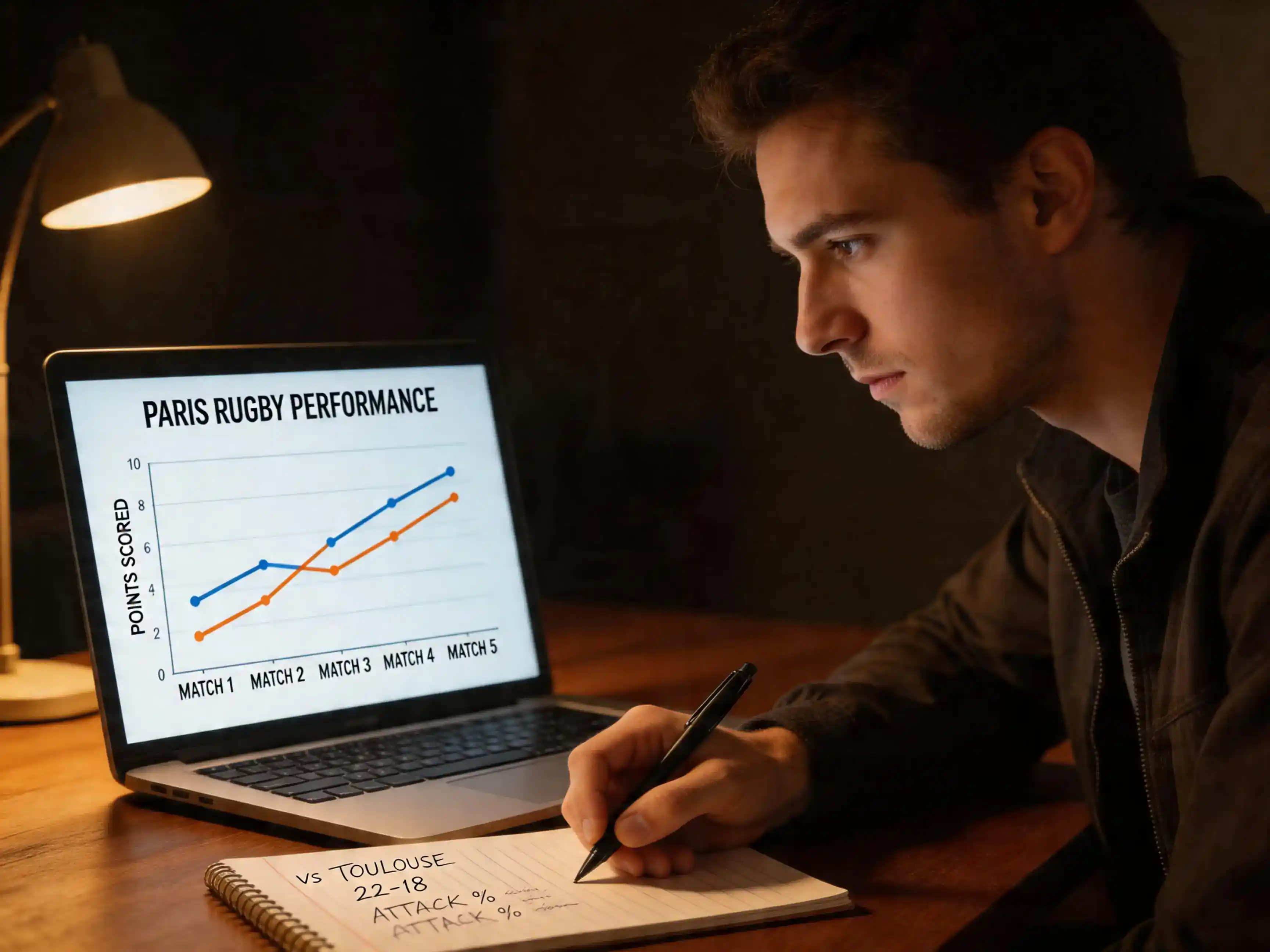 Analyse statistique rugby sur ordinateur portable, graphiques de performance d'équipes du Top 14